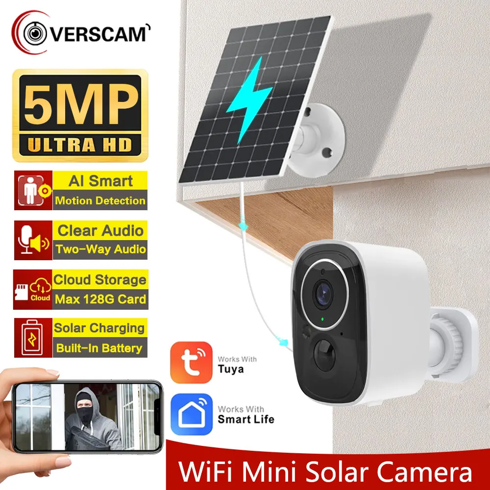 

5MP WIFI Solar Outdoor Camera PIR Motion Detection Battery Security CCTV Wide 135° Angle Surveillance Camera Tuya APP
