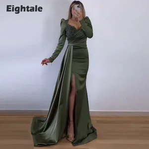 Eightale Elegant Army Green Evening Gowns V-Neck Long Sleeves Mermaid Satin Appliques Beaded Prom Party Gowns abendkleid damen