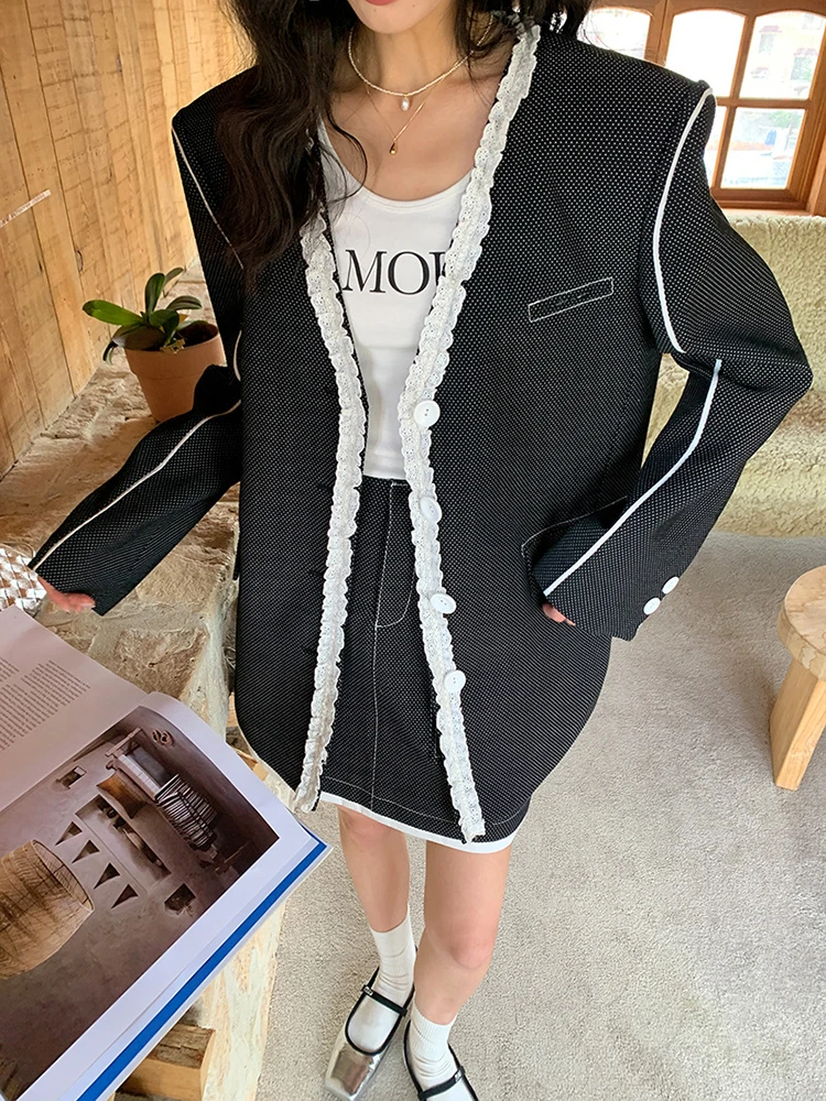 BZVW Elegant Blazer Women V-neck Single Breasted Contrast Color Open Wire Office Lady Coat Versatile 2024 New Clothing 25X4052