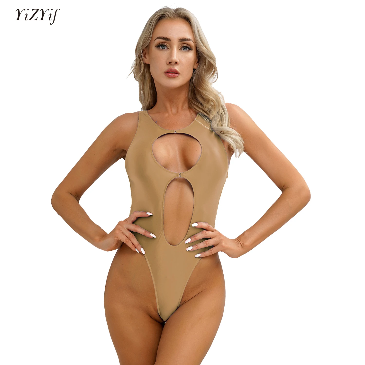 

Women Bodysuit Oil Glossy Shiny Cutout Monokini One-Piece Swimsuit High Cut Leotard Erotic Sleepwear Tight Clubwear Bodysuits