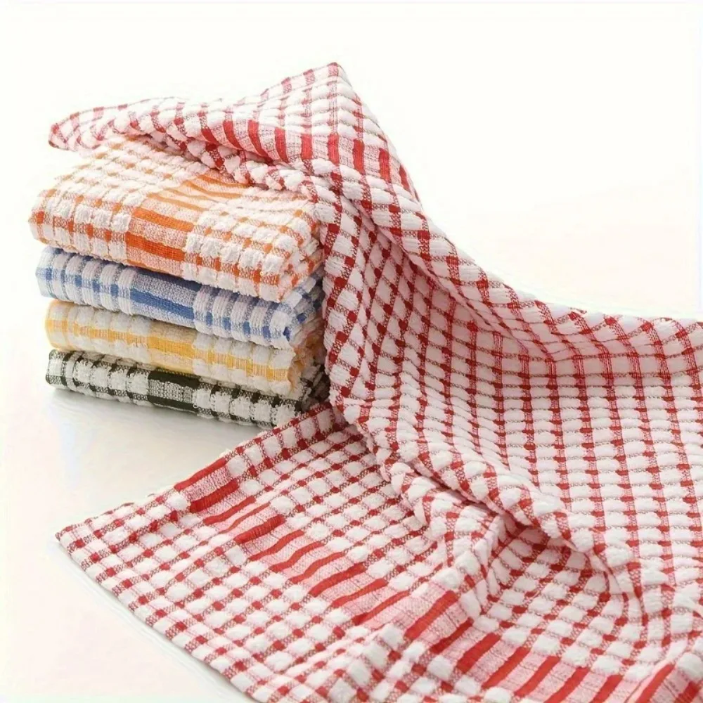 Dish Towels 5pcs Absorbent Plaid Reusable Kitchen Cleaning Cloths Assorted Colors