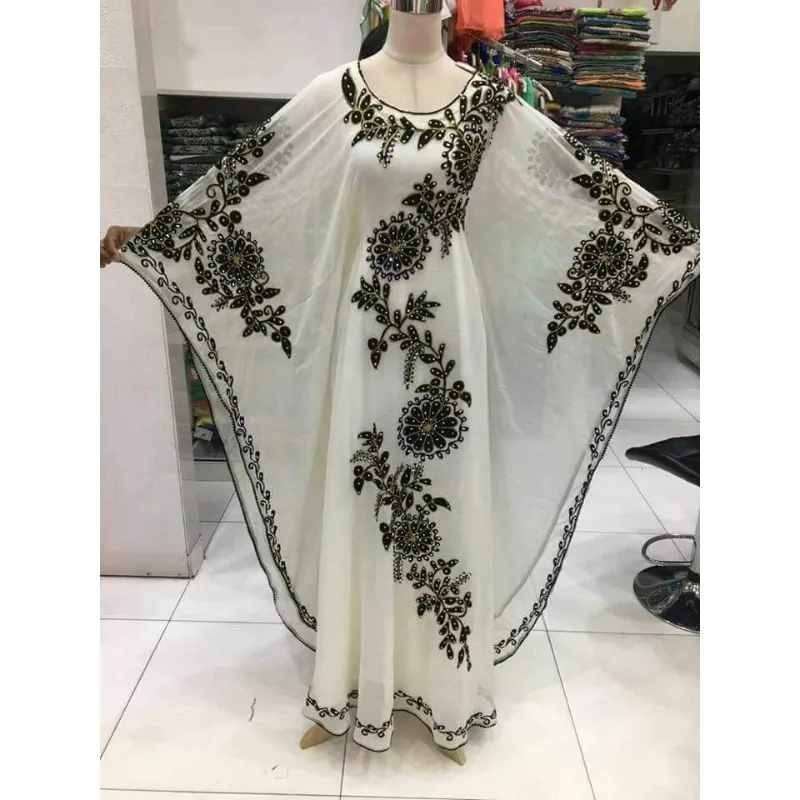 Bianco Marocchino Dubai Caftani Farasha Abaya Vestito Molto Fantasia Abito Lungo Tendenza Moda