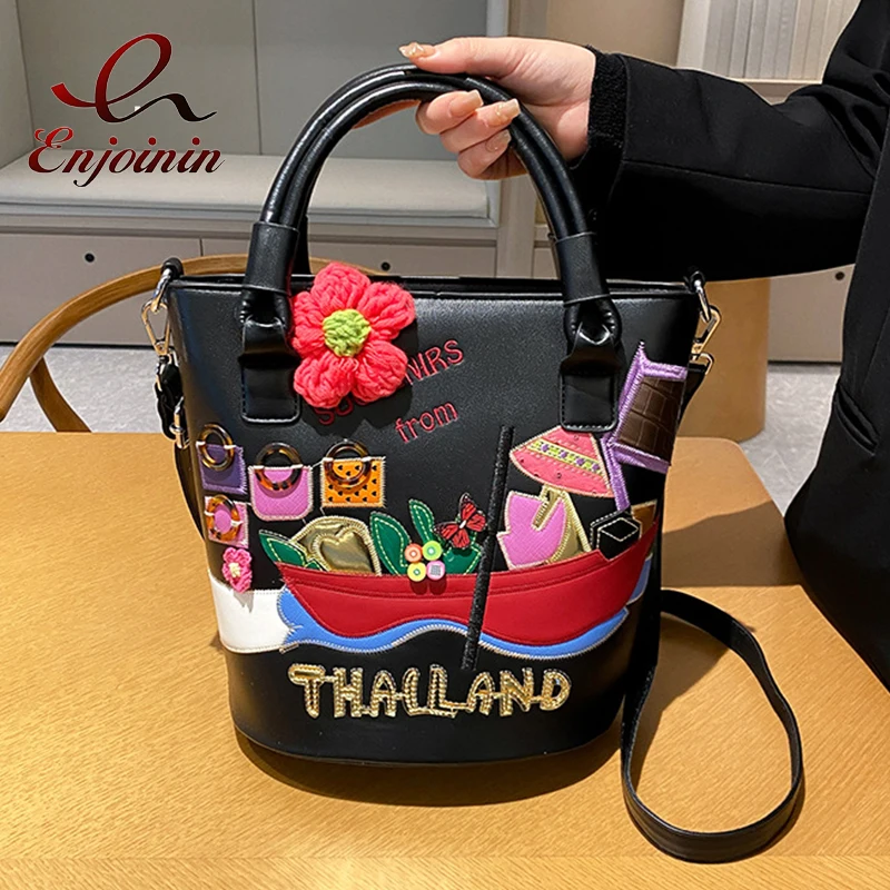 女性のための刺繍されたバケットの形をしたハンドバッグ,革の