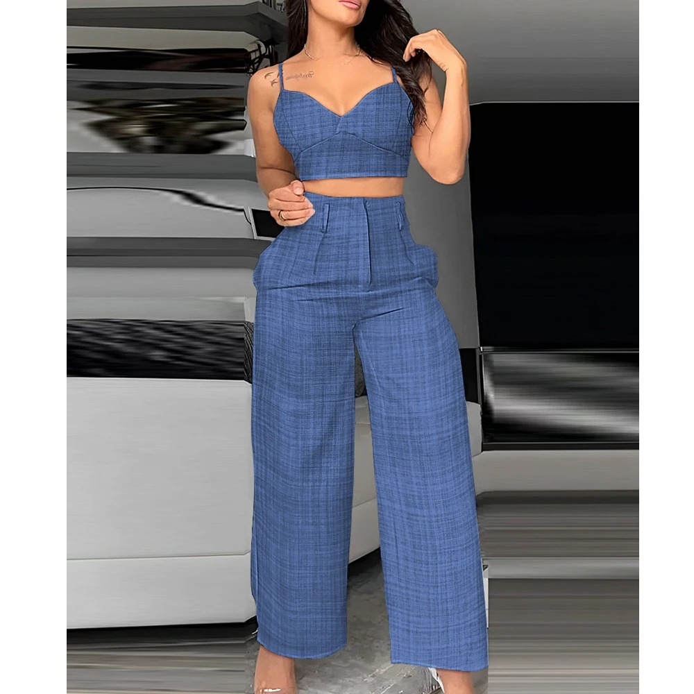 

Комплект брюк Wepbel с широкими штанинами, женский костюм, топ на бретелях Leris + брюки, комплект из двух предметов, топ на бретелях, прямые брюки