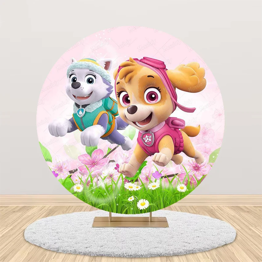 라운드 퍼트롤 테마 배경 어린이 생일 파티 베이비 샤워 세례식 파티 장식 배경 스트레치 원단