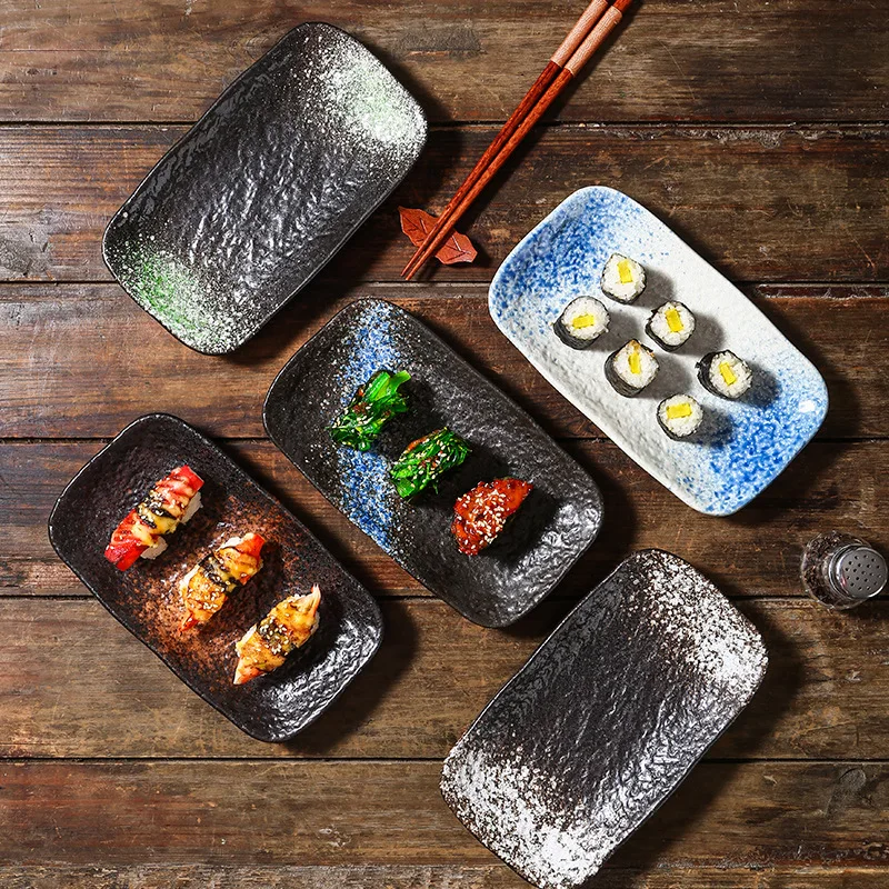 

Retro Dim Sum Flat Plate Ceramic Rectangular Stone Plate Japanese Cuisine Sushi Plate Commercial Restaurant Hotel Tableware