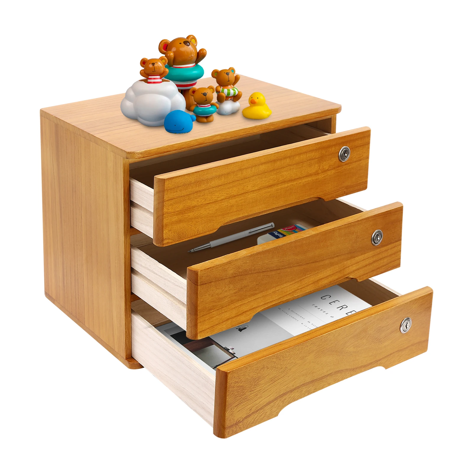 3-stöckige Aufbewahrungsbox mit Abschließbarer Schublade, Holz-Schreibtischorganizer, 39 X 30 X 31 Cm (Holz) – Detail 15