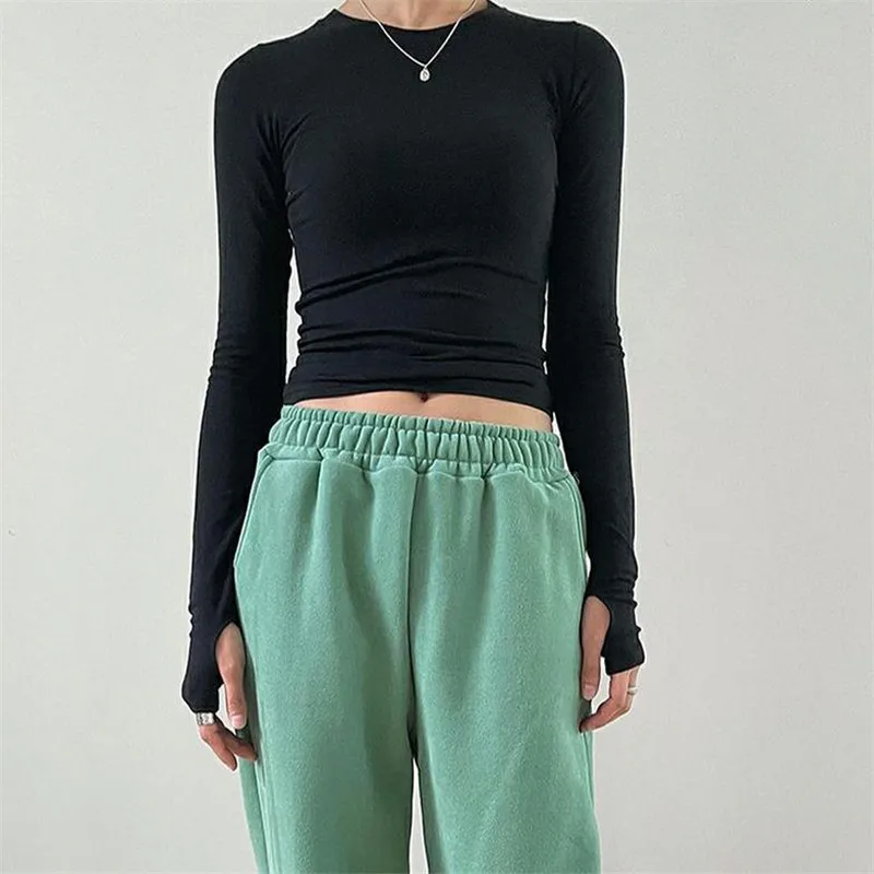 Women Casual Slim Fit Long Sleeve O-Neck T-shirts Tops Spring Fall Solid Color Tees with Thumb Holes Streetwear