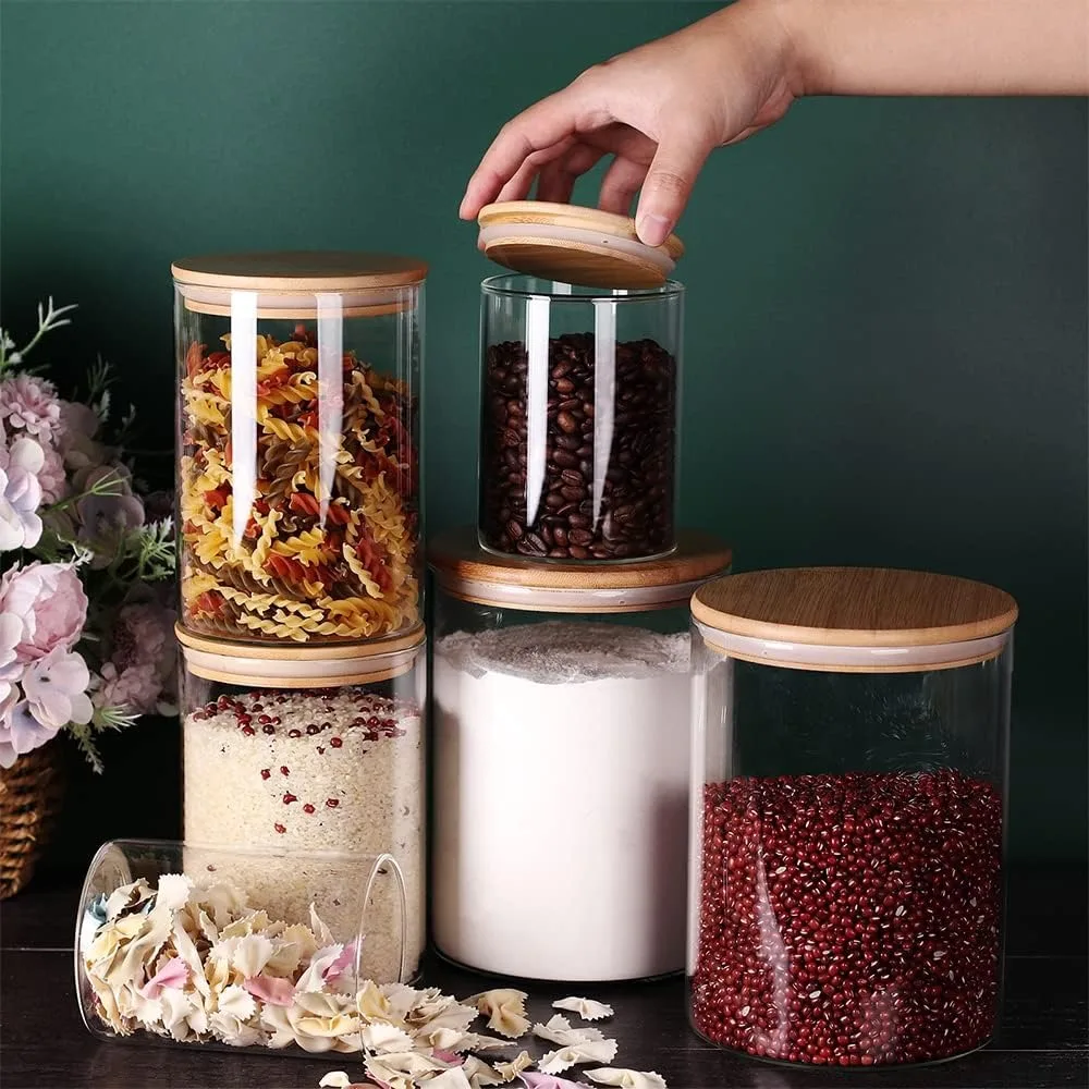 Glass flour Jars with Airtight Lids, 6 Pack Sugar and Flour Salt Containers Set, Extra Large Glass Rice Jar with Bamboo lid for