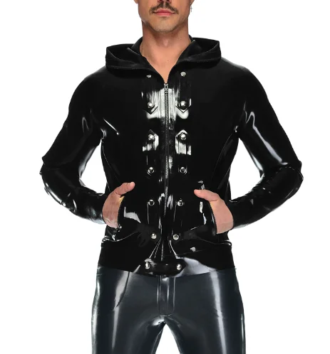 

Latex Rubber Gummmi Black jacket Hoodie role play party hand customized 0.4mm XS-XXL
