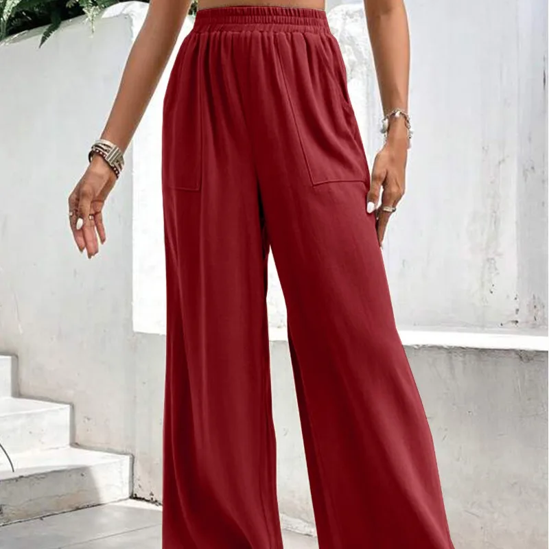 Minimalist Commuter Summer Women's 2024 New Spliced Elasticized Pocket Drawstring Solid Fashion Loose Casual Straight Leg Pants