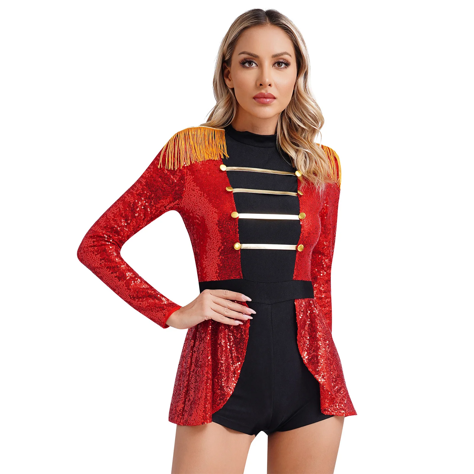 

Womens Sparkly Sequin Circus Ringmaster Costume Long Sleeve Tassel Shoulder Boards Skirted Boyshorts Bodysuit Leotard Jumpsuit