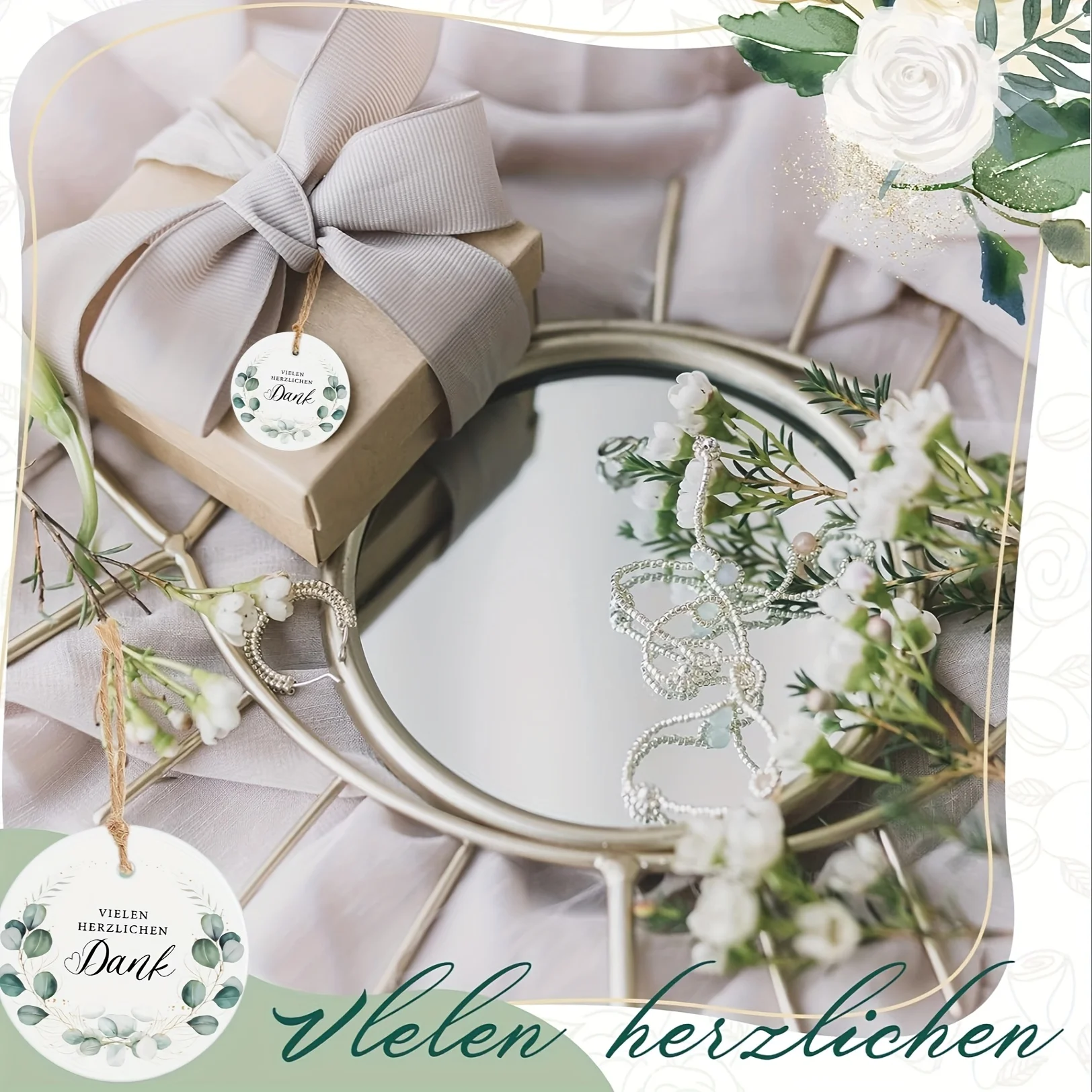 50 Stück elegante Eukalyptusblätter-Dankeschön-Geschenkanhänger, 5 cm runde Papieretiketten mit Schnur für Hochzeit, Dusche – Detail 3