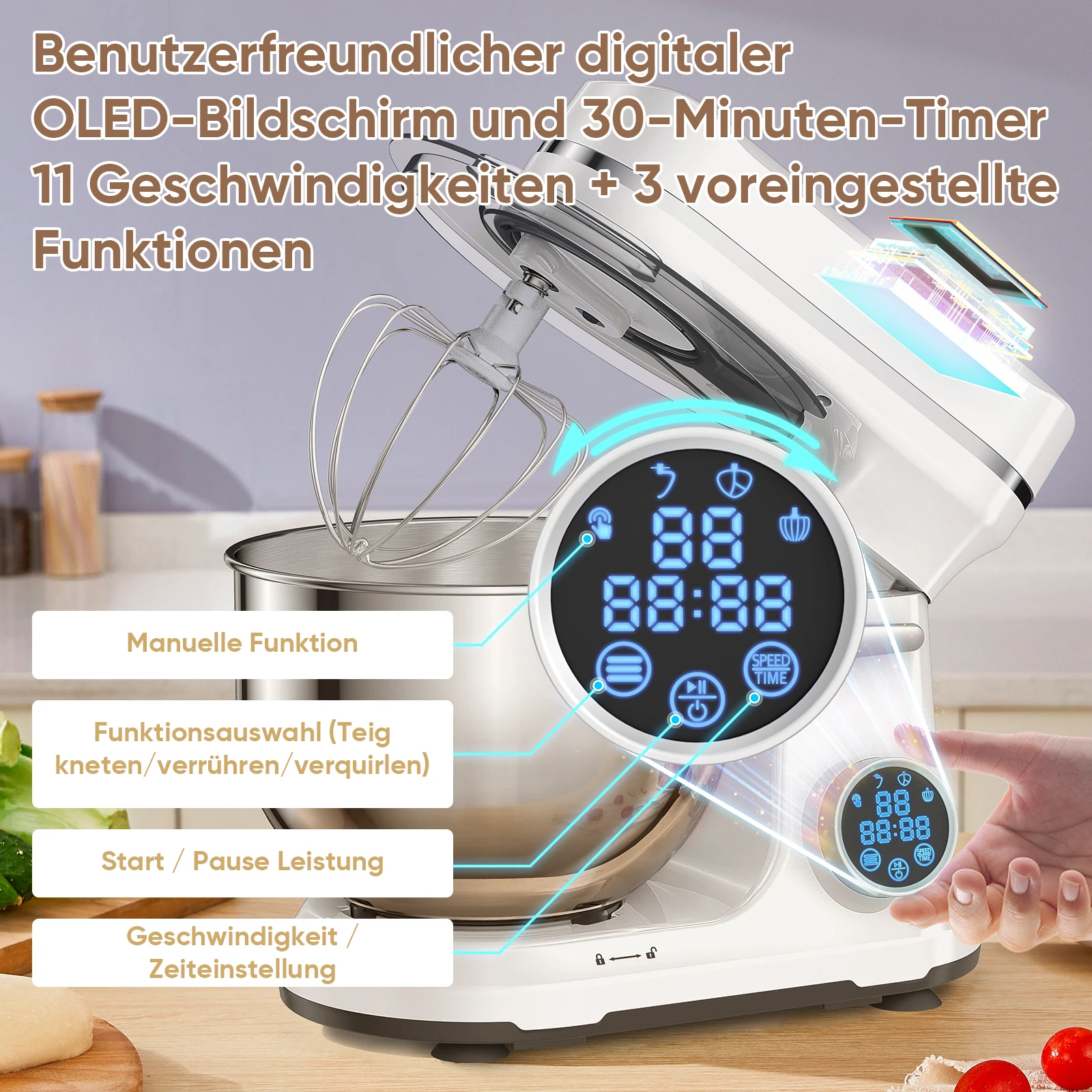 BioloMix Küchen-Lebensmittelmixer, 1200 W Gleichstrommotor mit 11 Geschwindigkeiten, digitaler OLED-Bildschirm, elektrischer Lebensmittelmixer mit Knethaken, Schneebesen – Detail 8