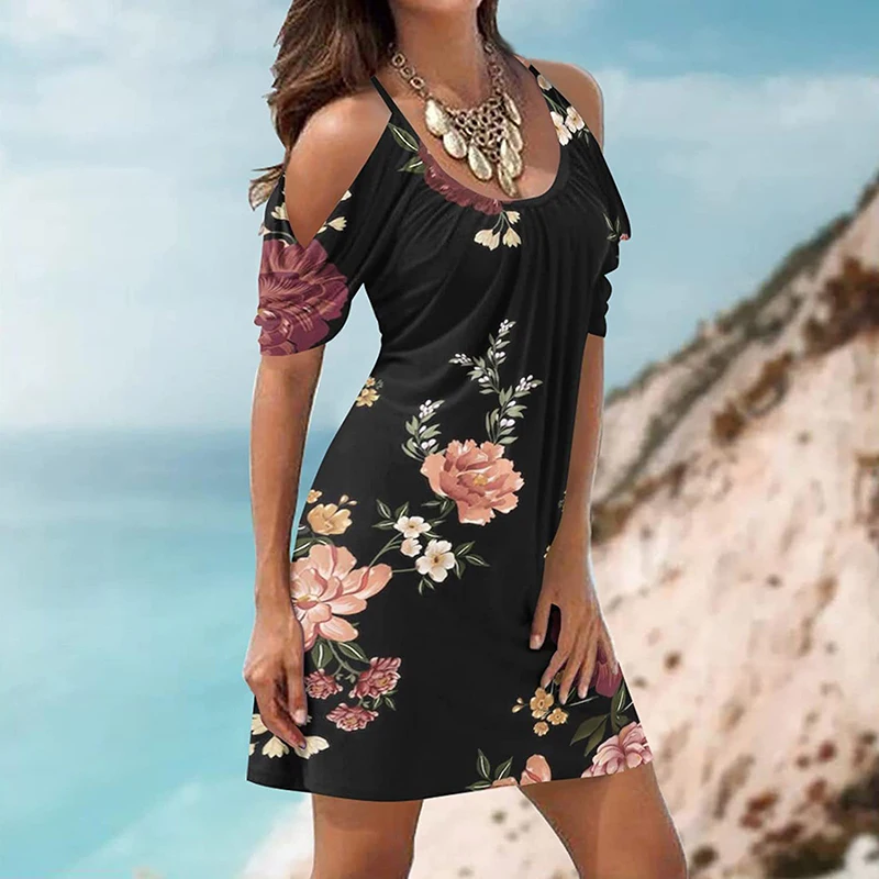 

Fashion New U-Neck Hollow Out Short Sleeve Dresses For Women Elegant Print Flour Mini Dresses Temperament Office Sling Dress