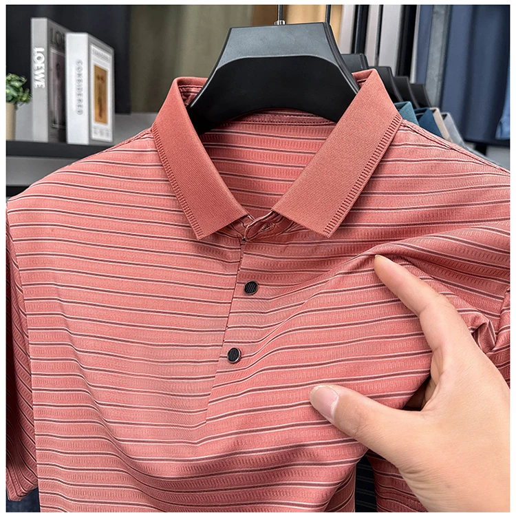 High Quality Summer Men's Business Casual Short Sleeve Comfortable Stripe Lapel Fashion Polo Short Sleeve No Trace T-shirt Top 21 S51ff135c78cc4cb59a3e3bb116b1aa34p
