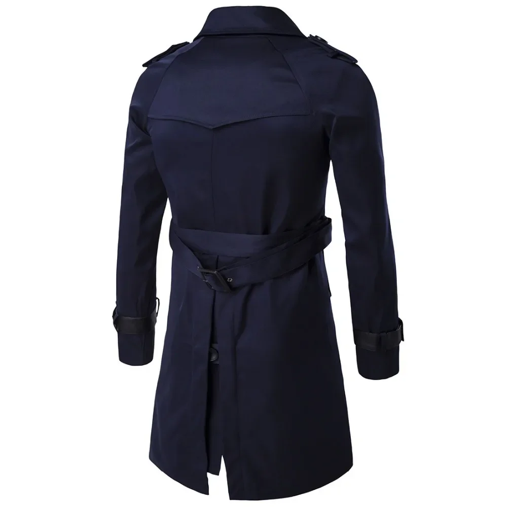 Schinteon Men Trenchcoat British Style Classic Trench Coat Jacket Double Breasted Long Slim Outwear Adjustable Leather Belt