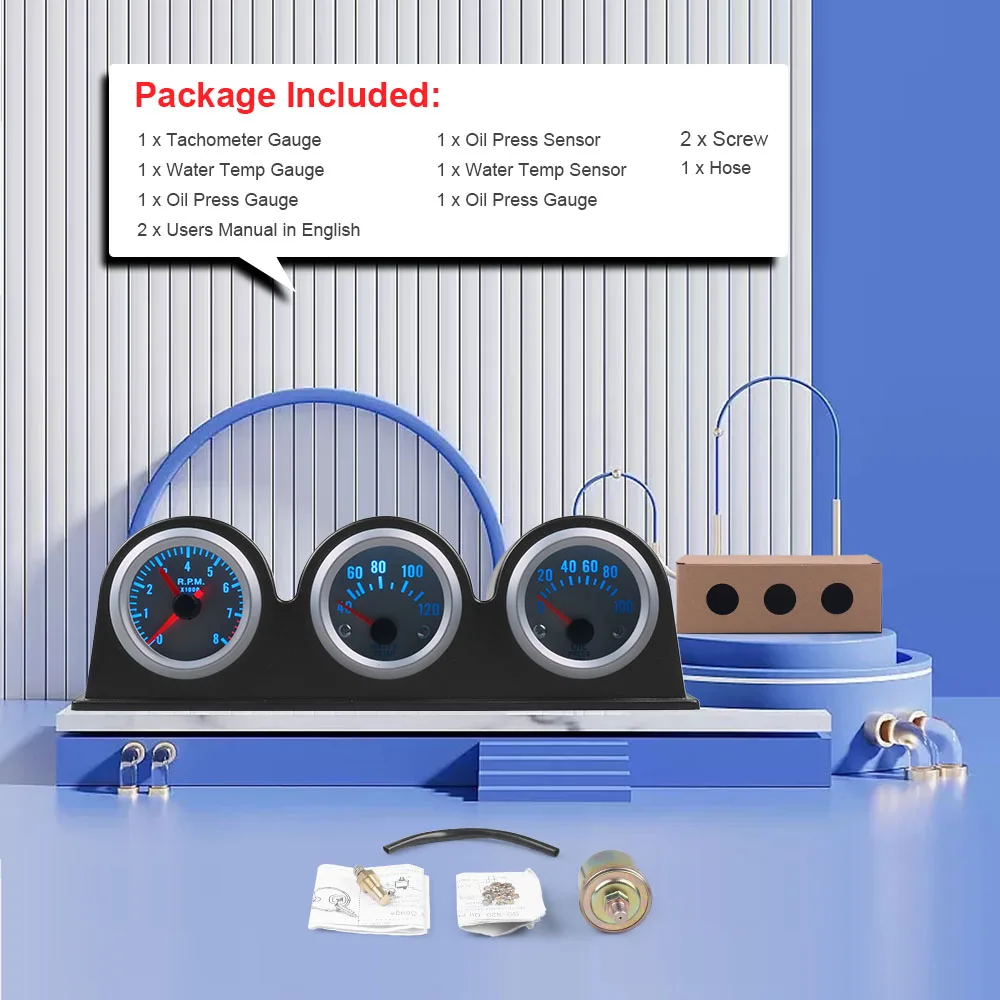 2inch 52MM Triple gauge kit Tachometer RPM Water Temperature Gauge Oil Press Pressure Gauge Car meter TT100651