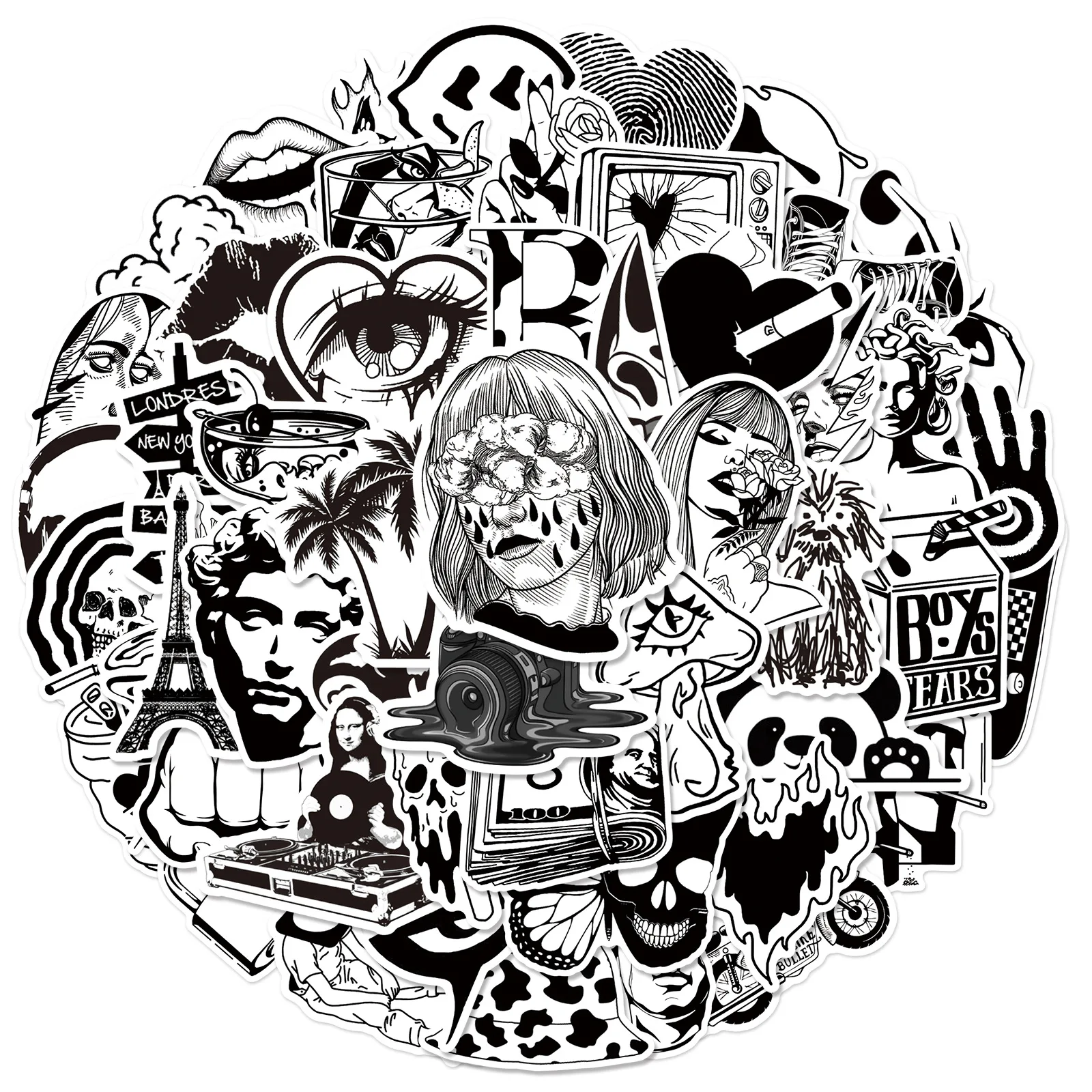

10/30/50Pcs Black White Art Waterproof Graffiti Sticker Aesthetic Decorative Luggage Laptop Phone Guitar Scrapbook Kids Stickers