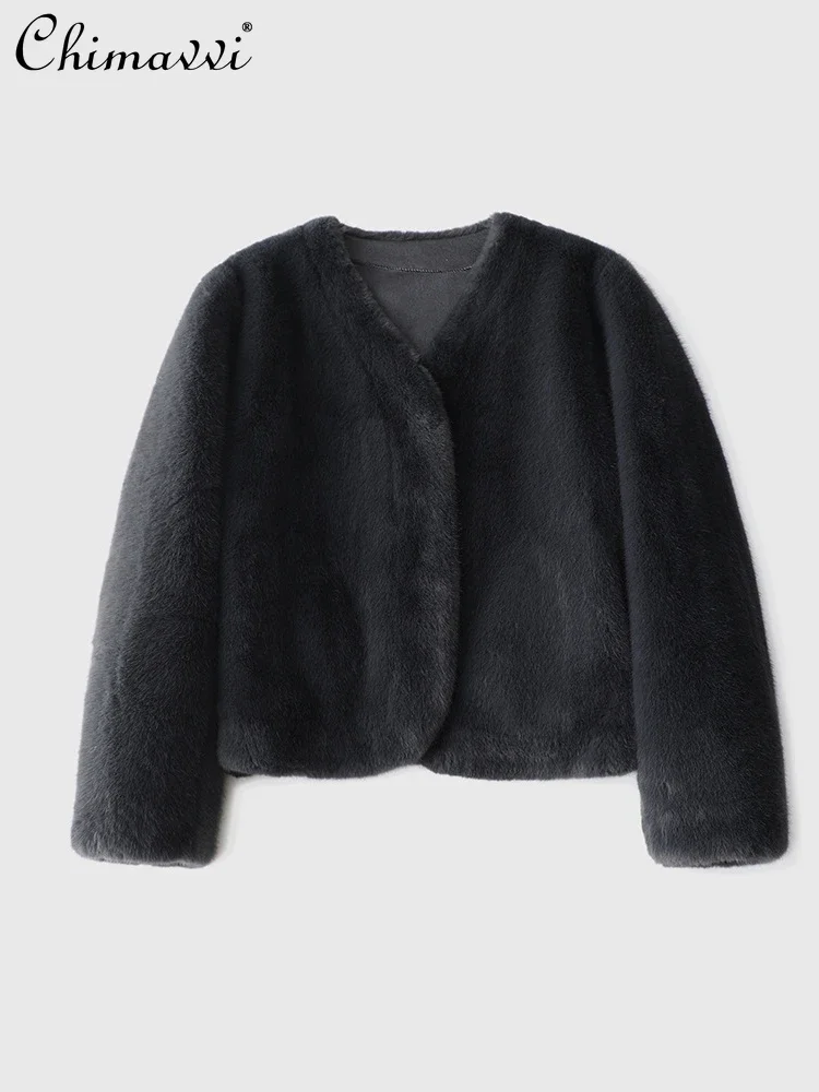 

Korean Style Graceful Fashionable Long Sleeve V-neck Pocket Fake Fur Coat Autumn Winter Commute Leisure Loose-Fitting Short Coat