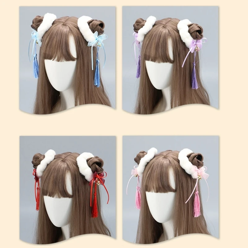 Cute Pompom Ball Hair Clips 2Pcs with Bowknot Bell/Tassel Sweet Faux Fur Animal Ears Hairpin Anime Lolita Barrette Cosplay Decor hair accessories,anime cosplay props