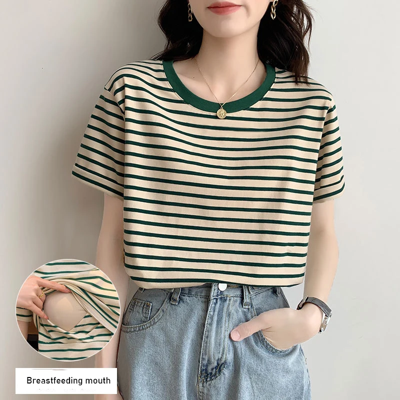 

Moms Summer Short Sleeve Casual Maternity Tops Stripe Feeding T-shirt Breastfeeding Clothes For Pregnant Women