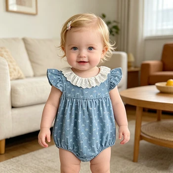 Tutina in denim per neonata 0-24M, con stampa a fiocco e maniche a volant, collezione Estate 2026