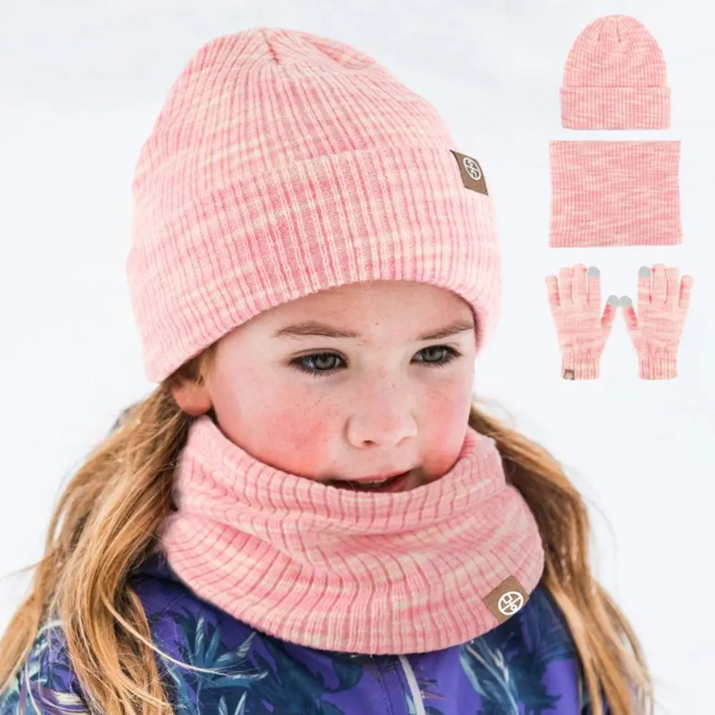 1 Set Children Hat Scarf Gloves Set Thick Knitted Elastic Winter Hat Colorful Cycling Cap Neck Warp Gloves