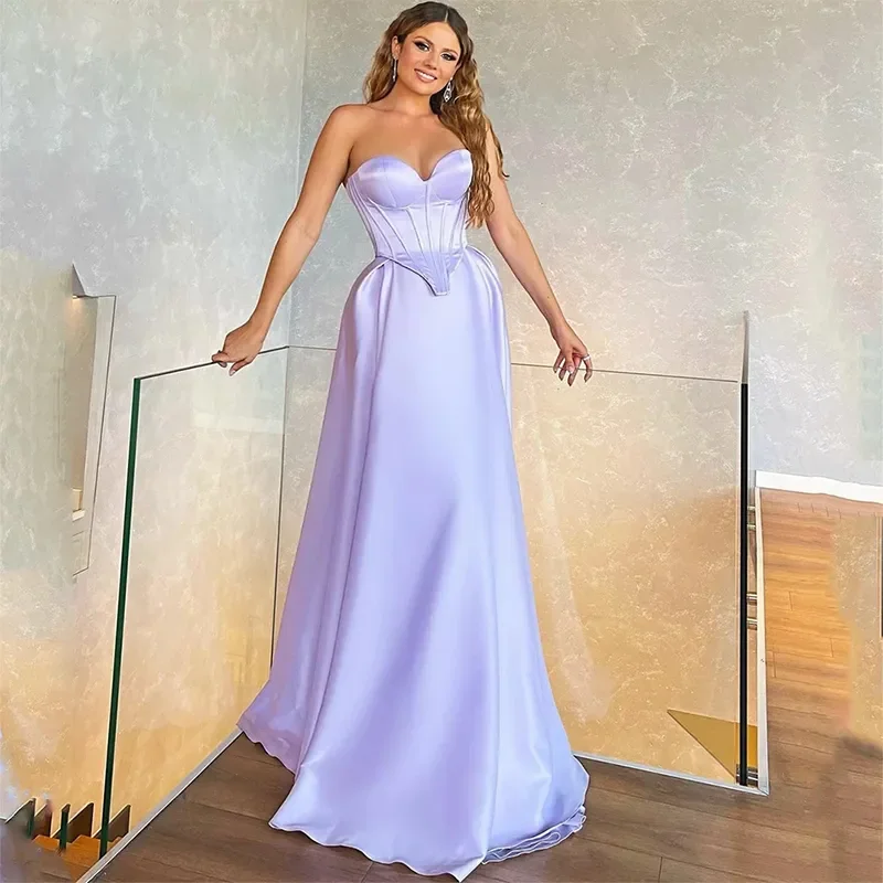 

2023 Purple Satin Sleeveless Evening Dresses Luxurious Sweetheart A Line Simple Women Prom Gown Simple Floor-Length Formal Party