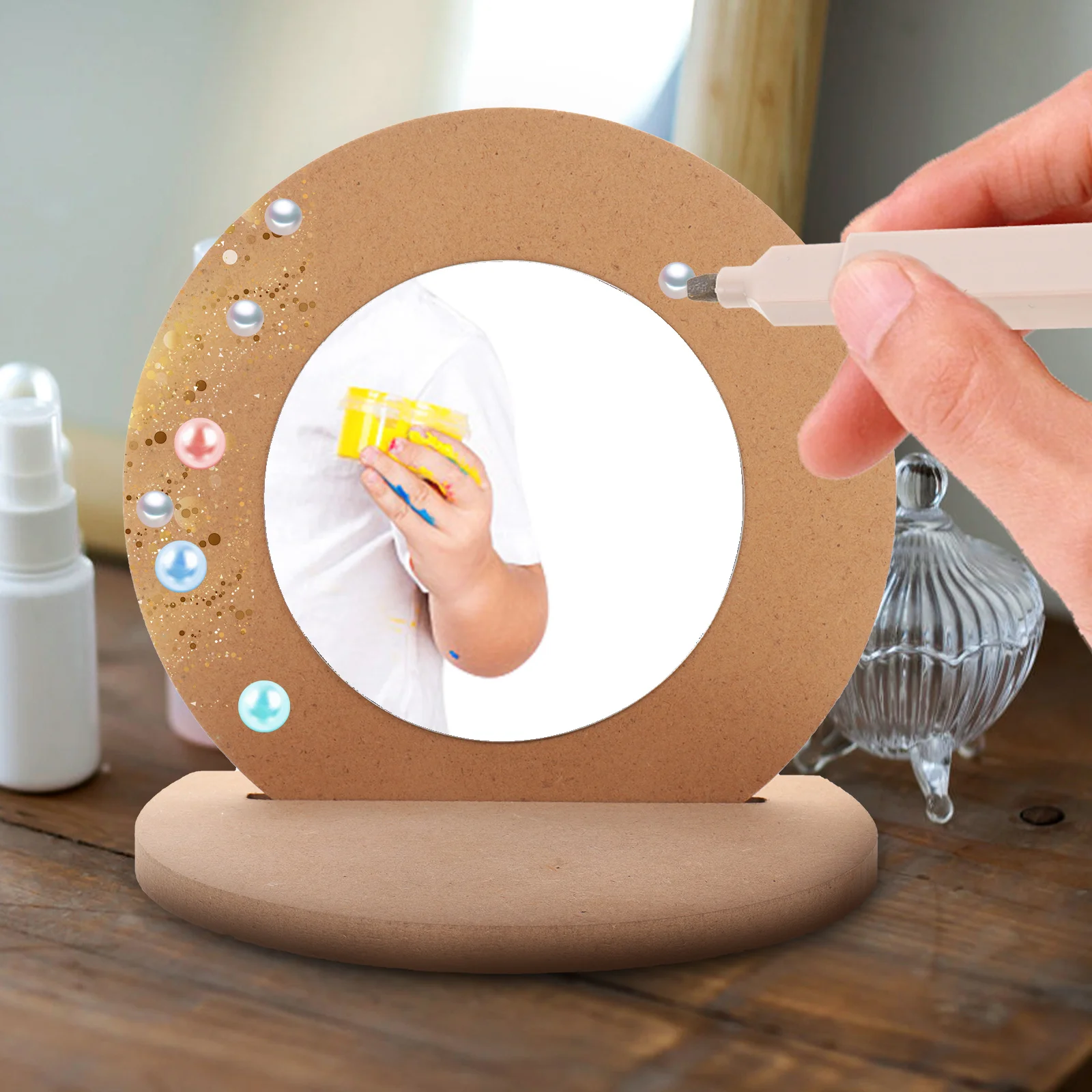 2 작은 탁상 거울 도색되지 않은 나무 DIY 공예 장식 어린이 수제 거울 장난감 빈 메이크업 복고풍 크리 에이 티브 공급