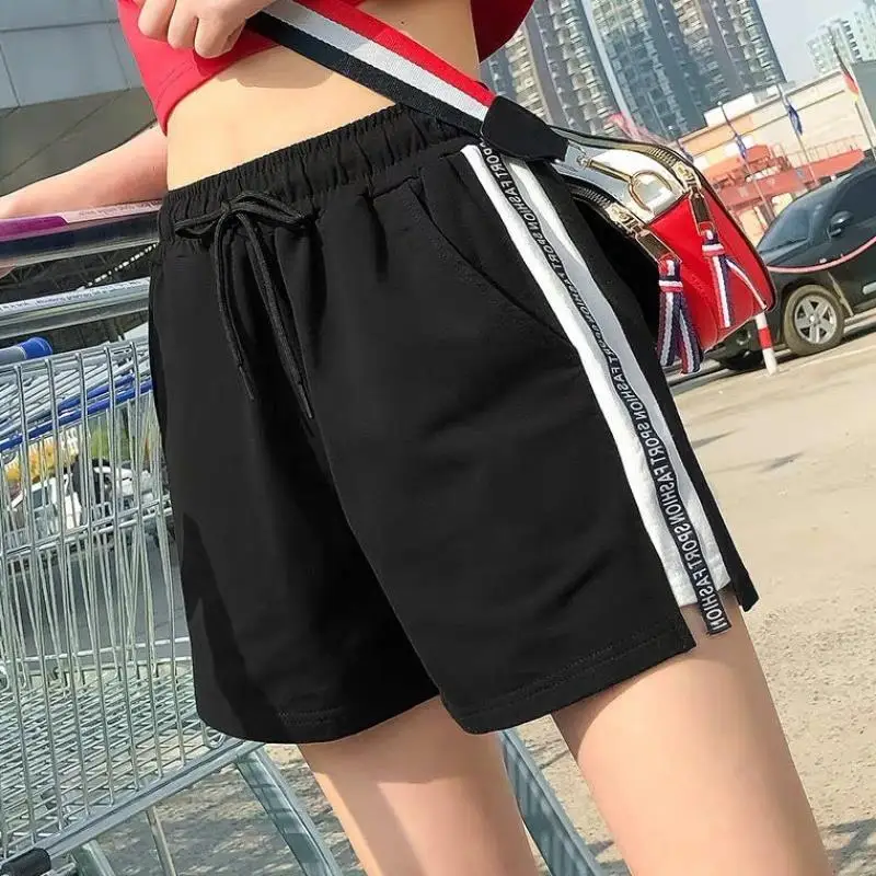 Short Pants for Woman To Wear Fitness Women's Shorts Black Cotton Graphic Sport Running with Belt Gym Sports Streetwear New In