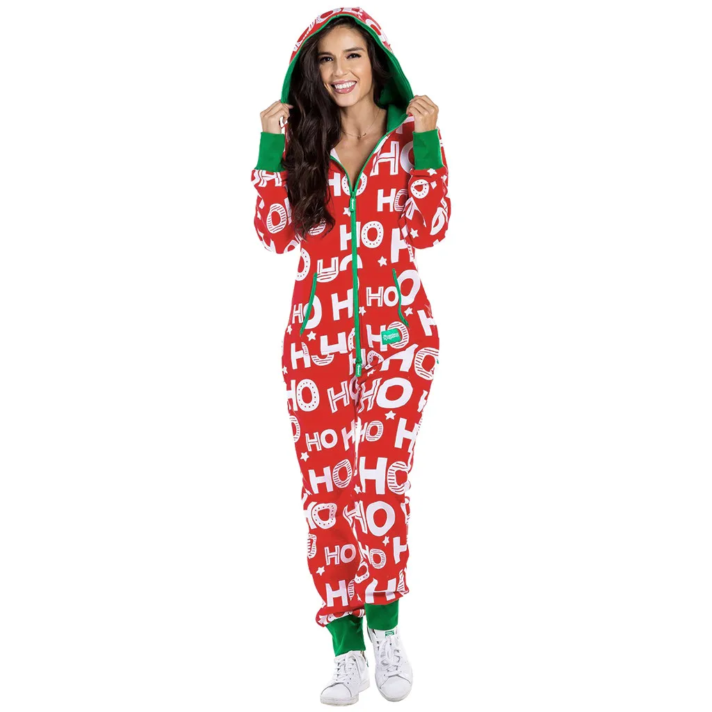

Women Long Sleeve Hooded Christmas Printed Pyjamas Nightwear Jumpsuit Sleepwear Women Summer Bodysuit Women Overalls Romper