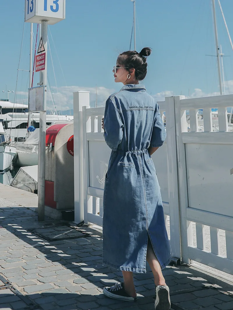 【BAON】Maneko Button Denim Long One Piece 2023 New Fashion Summer Women Denim Dress Casual Women Loose