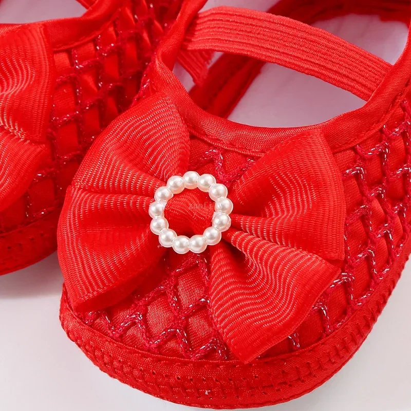 New 0-18M Birthday Infant Newborn Baby Girls Baptism Solid Shoes Bowknot Pearl Princess Soft Sole Shoes First Walkers + Hairband 2