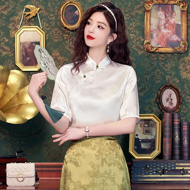 여성용 자카드 블라우스 셔츠 상의, 중국 스타일, 반팔, 흰색 블라우스, 2024 베라노, H555, 새로운 패션