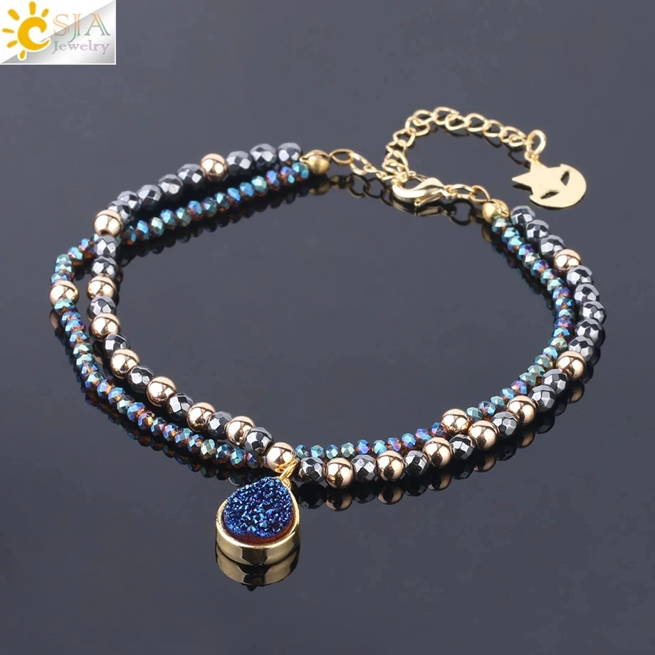 CSJA Natural Stone Hematite Bracelets Geode Druzy Crystal Bracelet Summer Statement 2 Strand Beads Women Jewelry