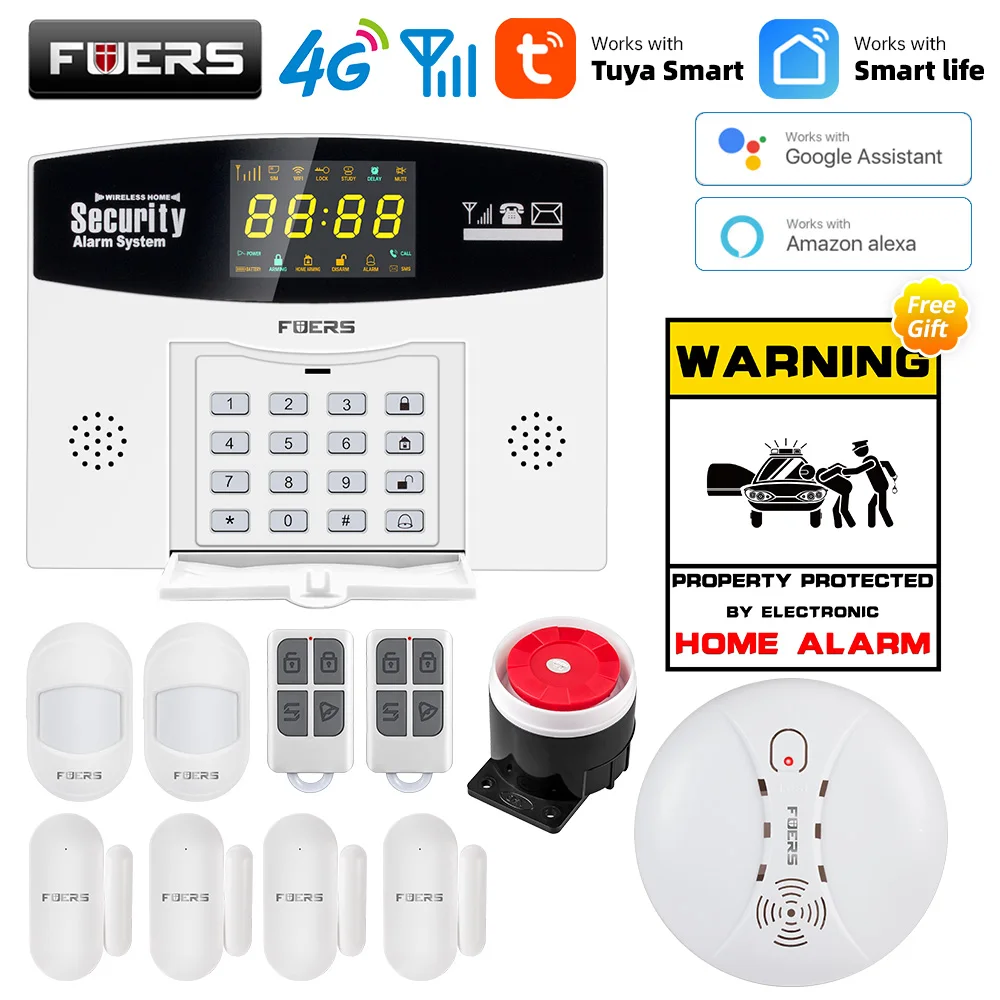 Fuers Tuya Smart WIFI 4G GSM Alarm System Burglar Alarm 433MHZ Wireless Wired Zone Link To Alexa Google Motion Sensor IP Camera Tire Pressure Alarm Alarm Systems & Security