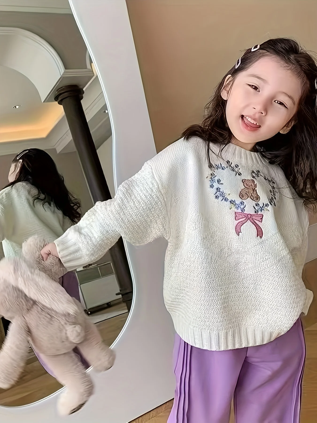 سترة محبوكة مطرزة بالزهور على الطراز الكوري للفتيا...