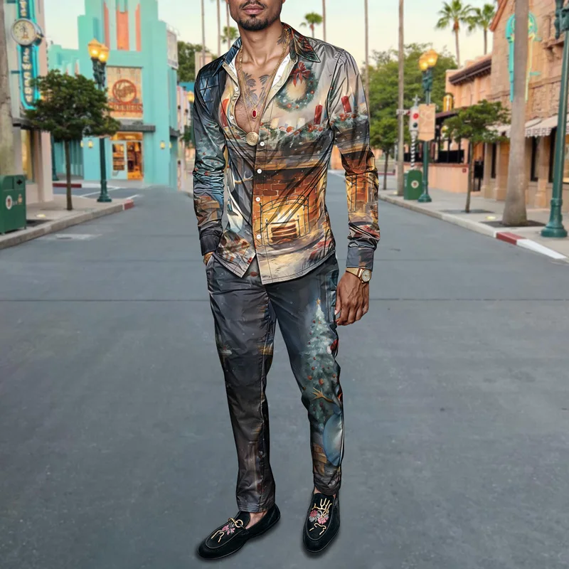 2025 Fashionable Spring Summer Men Shirt Set Christmas Print Fashion Gingerbread Man Two Piece Set Mens Snowman Lightweight_voghion.com
