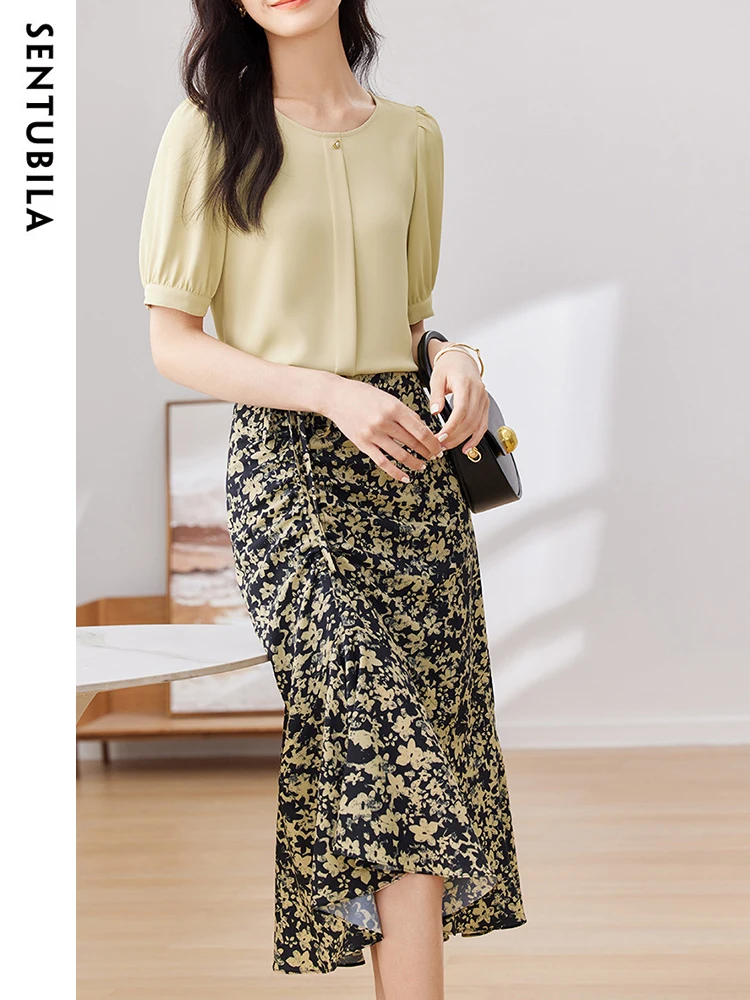 SENTUBILA Women's Floral Skirt Suit 2023 Summer Vintage Crew Neck Short Sleeve Blouse Ruched Skirt Two-piece Set Lady 132Z49799