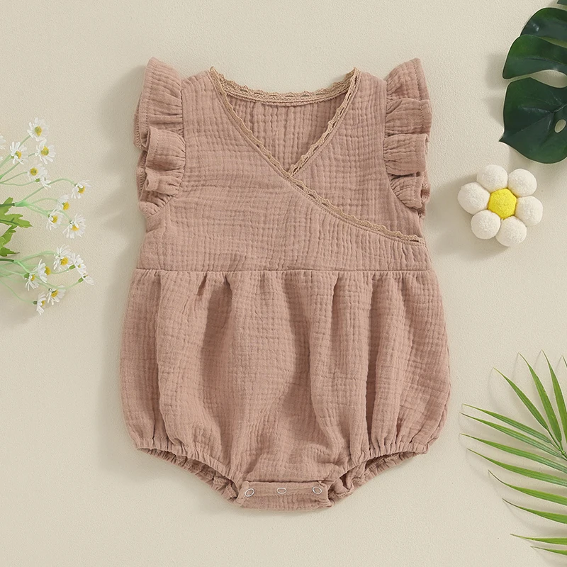 

Baby Girls Bubble Rompers Sweet Princess Summer Clothes Infant Ruffles Sleeveless Wrap V Neck Lace Trim Playsuits