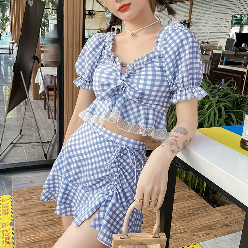 Women Summer Plaid Ruffles Bow Lace Patchwork Cute Sweet Two Piece Swimsuit Short Sleeve Slim Beachwear Sexy Mini Skirt Swimwear