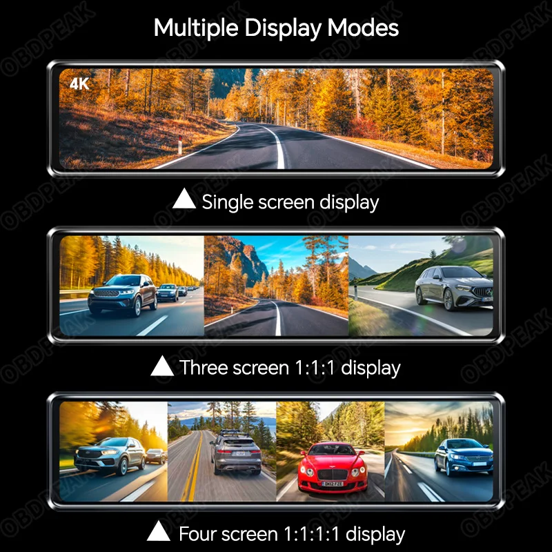 OBDPEAK A8 4CH 4K WIFI Dash Cam Rear View Mirror