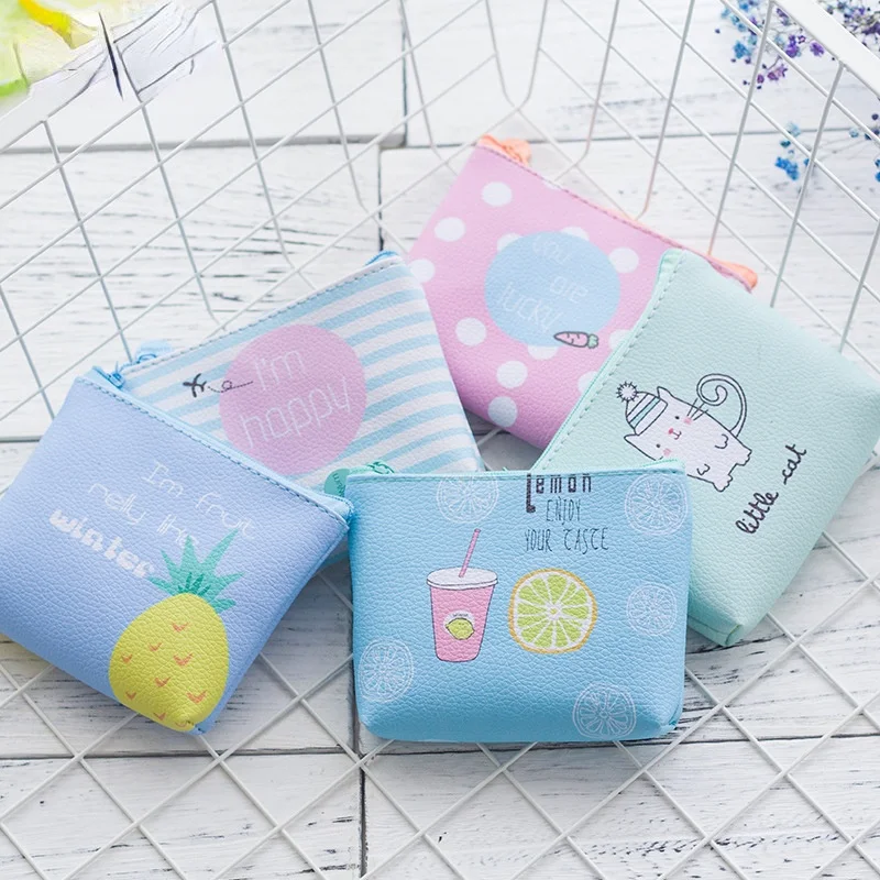 

High Quality Women Wallet Cartoon Animal Fruit Cat Print Kids Small Zipper Coin Purse PU Leather Female Children's Wallet Pouch