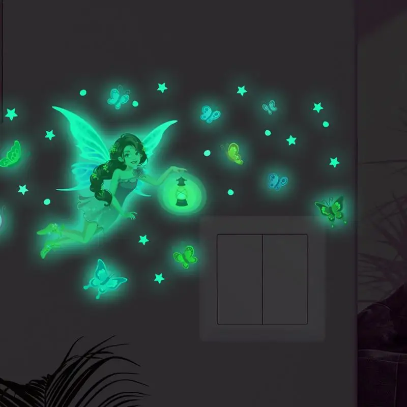 Glow In The Dark Stickers For Wall Glowing Fairy Wall Stickers Fairy Beauty Glow Mushroom Decals Soft Light Cartoon For Girls
