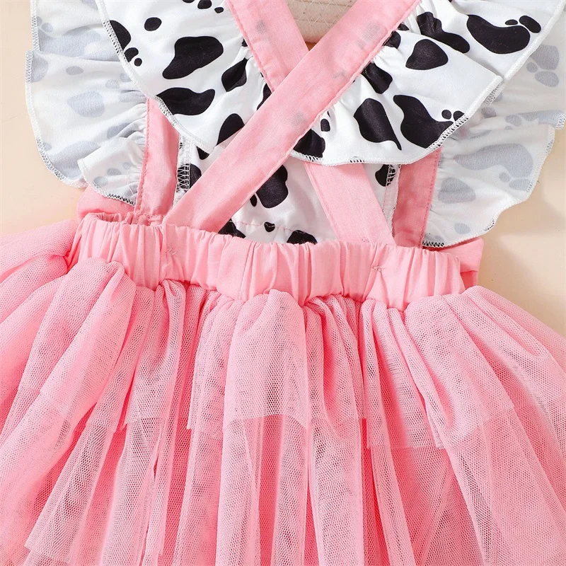 Newborn Baby Girl Pink Cow Print Ruffle Tutu Tulle Romper Dress Princess Birthday Western Cowgirl Summer Outfit 3