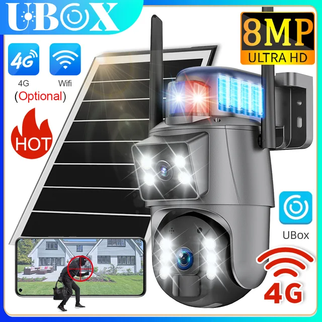 Ubox 4G LTE Solar Camera 8MP Outdoor WiFi Security Camera Dual Screen Auto Tracking 360° Live View Color Night Vision PIR Motion 1