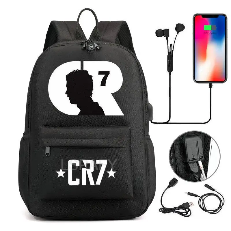 Mochila de lona con puerto USB para adolescentes y niños, bolso escolar de viaje con capacidad para estudiantes, CR7
