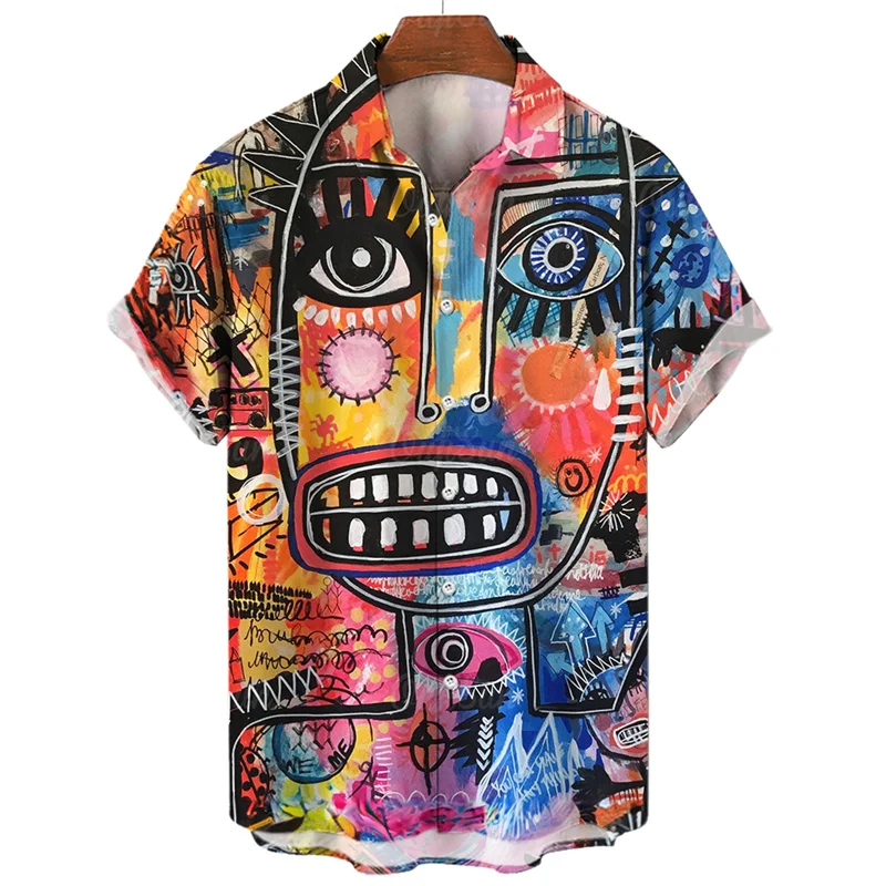 Camisa con estampado 3D de cara abstracta para hombre, camisa hawaiana de manga corta con gráficos de pintura artística de verano, blusa con solapa, ropa de calle