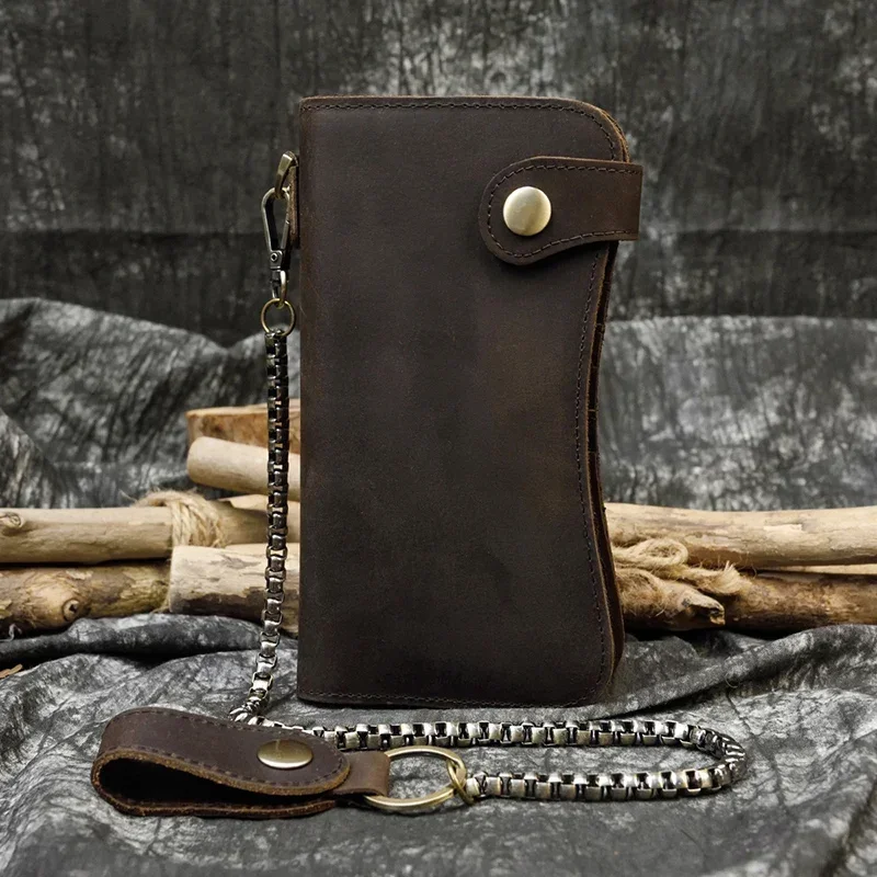 Black Leather Bifold Wallet with Iron Chain for Men